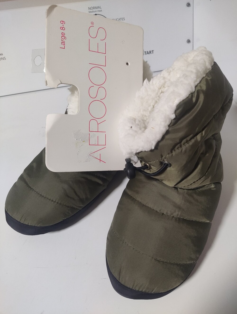 AEROSOLES Olive Green Quilted Puffer Slippers with White Faux Fur